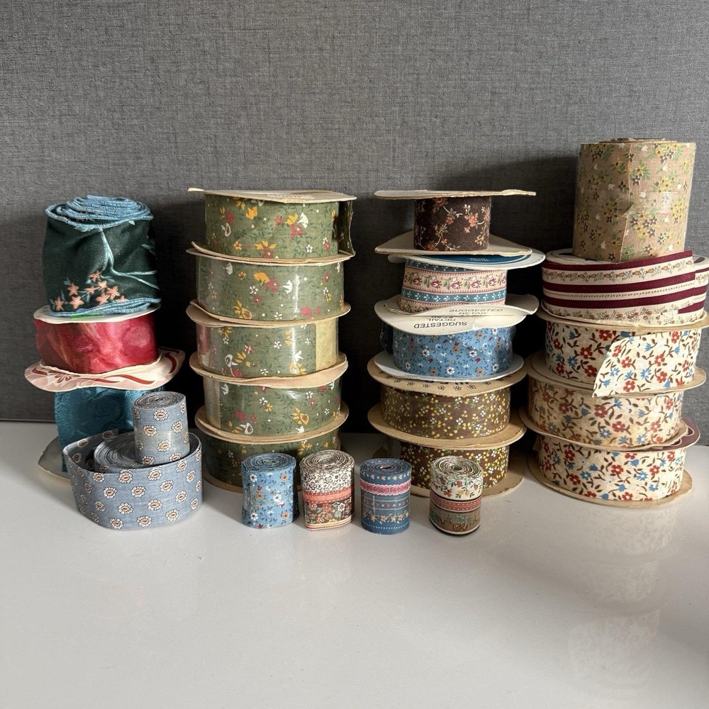 Box Lot Vintage Fabric Ribbon Summer Fall Floral Some NOS